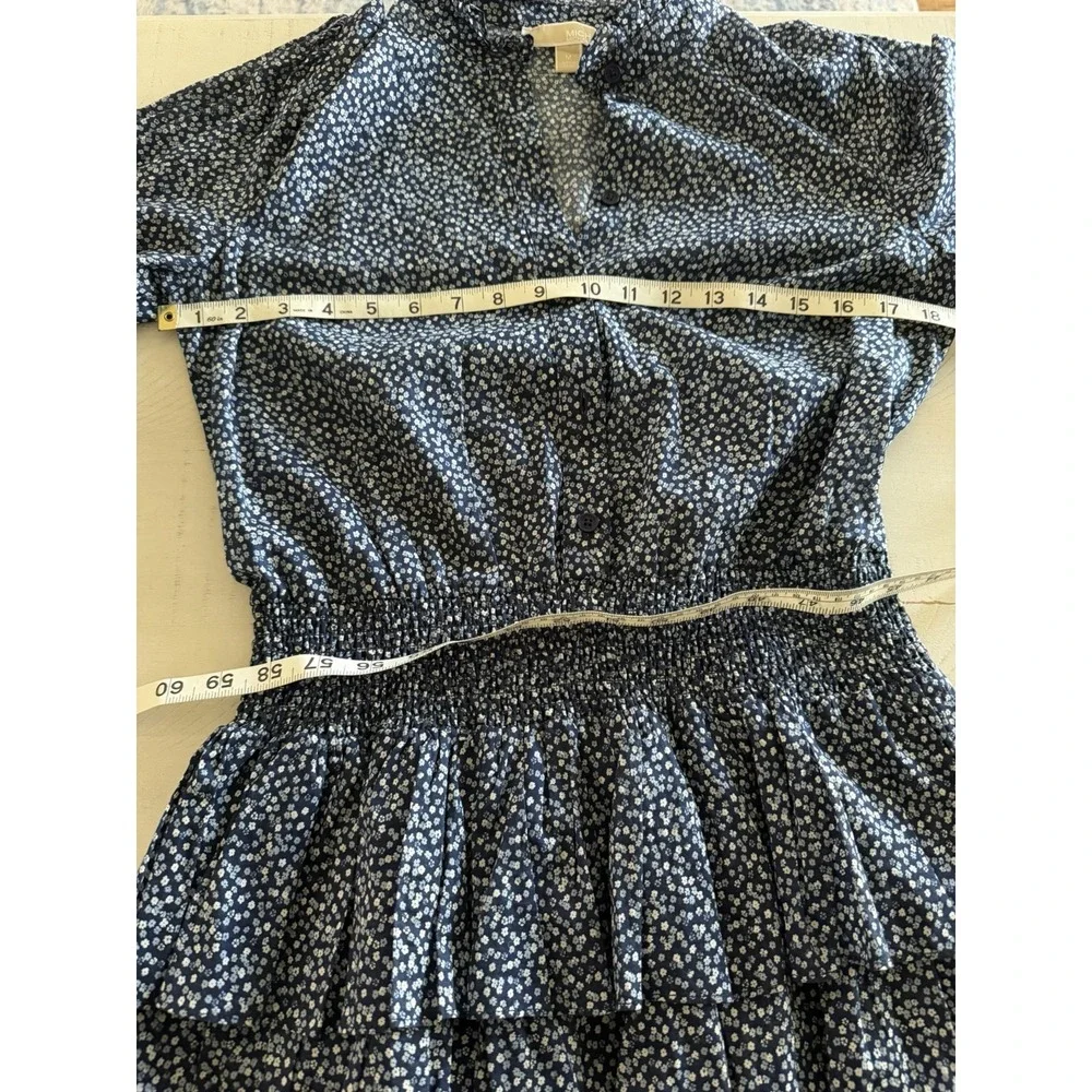 Michael Kors Floral Cotton Lawn Tiered Mini Dress Smocked Waist Navy Blue Medium